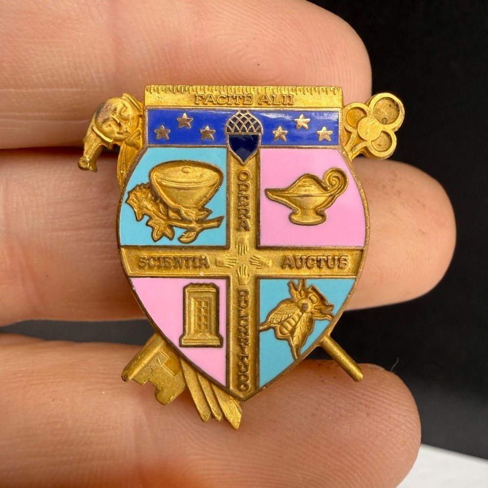 Vintage Science Fraternity Brooch Gold Tone Enamel Shield Crest Pin